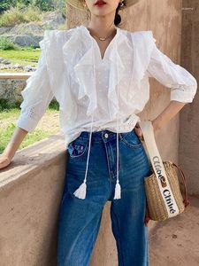 Frauenblusen Gypsylady Elegant French Chic Bluse Hemd Ruffle Baumwolle V-Neck Quasten Schnüren Frühling Sommer Frauen Boho Ladies Top