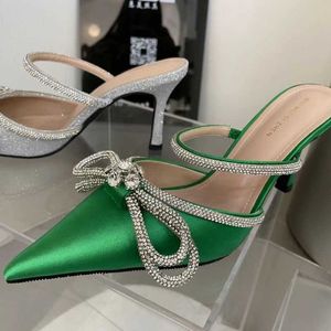 New HBP Non-Brand Silk Fabric Style Scarpe Tacco Bling Fashion Sexy Elegant Slide Slippers Green Color Women Mules Heels