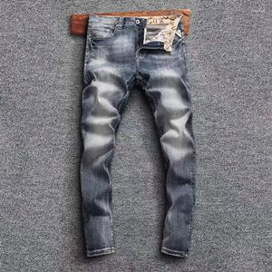 Herr jeans mode streetwear män hög kvalitet retro tvättade stretch smala fit rippade vintage designer denim byxor hombre