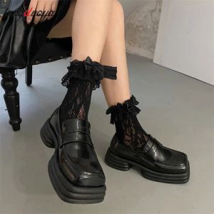 Boots Brand Design British Style Chunky Heel Platform Loafers for Women 2023 Patent Leather Square Toe Goth Shoes Women White Shoes