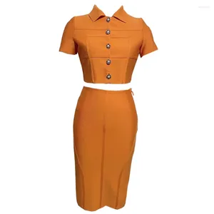 Sukienki robocze Wysokiej jakości bandaż zestaw 2024 Buttons Polo-Neck z krótkim rękawem Top midi spódnica bodycon elastyczne dwuczęściowe dwuczęściowe