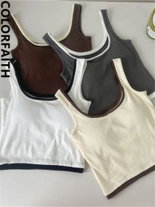 Tops Colorfaith V5302JM New 2023 Bottoming Cotton Bra Padding Elasticity Vests Patchwork Women Summer Tank & Camis Crop Short Tops