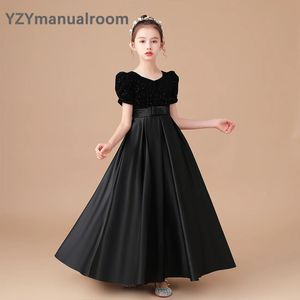 Yzymanualroom elegant highend sammet satin svart konsert klänning veckade juniorflickor tävling prinsessa klänning långa blommor dres 240312