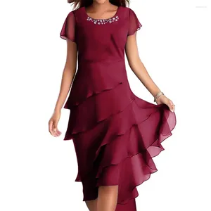 Casual Dresses Layed Cake Design Dress O-Neck Beaded Decor Elegant Midi Hem Flowy Party Wedding