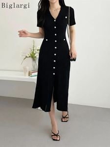 Verão midi dres malha preto bodycon estilo coreano plissado senhoras vestidos elegante moda casual mulher vestido 2023 240312