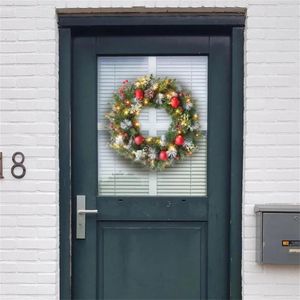 Decorative Flowers Christmas Wreath For Front Door 15.7in With Lights Red Berry Decorations Window Wall Decor