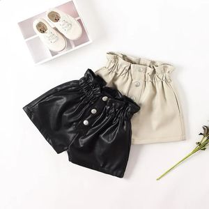 PU Leather Shorts for Kid Girls Winter Thick Fleece Lining Faux Leather Short Children Casual Solid High Waist Elastic Bottom 240315