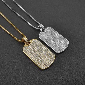 Stainless Steel Geometric Square Dog Tag Pendant Necklace Full Rhinestone Paved Bling Iced Out Men Hip Hop Rapper jewelry Gift 240311