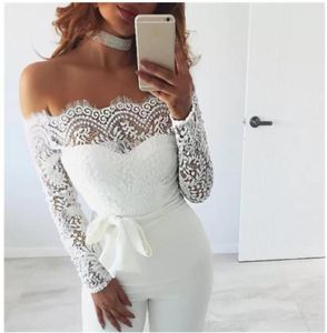 Kvinnor Sexig av axel Long Mesh Sleeve Trousers Jumpsuits White Lace Playsuit Jumpsuit Black Plus Size SXL2109067