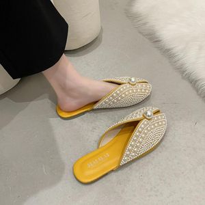 801 Pearl 2024 tofflor Fashion Women's Flat Outward Wearing Baotou Leisure Ethnic Style Soft Sole Home 30907