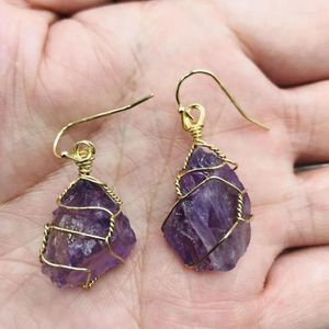 Dangle Earrings FYJS Unique Light Yellow Gold Color Wire Wrap Irregular Shape Amethysts Stone Rock Crystal Jewelry