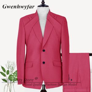 Suits Gwenhwyfar Hot Pink Costume Homme Jacket with Symmetric Loop Groom Wedding Tuxedos 2022 Tailormade Designed Men Suits 2 Pieces