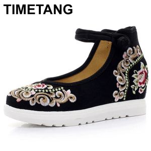 Boots Timetang High End Floral broderade kvinnor Canvas Flat Platforms Mid Top Ankle Strap Chinese Style Ladies Casual Denim Shoese343