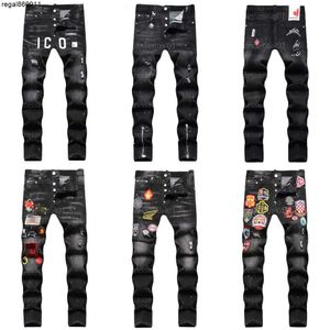 Designer Jeans for Mens Dsquare Trendy Hip-hop Ripped Pants Black Digital Printed Mid Rise Small Straight Leg Denim Trousers Men Designers Pant