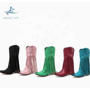 HBP icke-varumärke Jingyuan Autumn och Winter Point Toe Toe Wood Heel Fringe Cowboy Boot Girls Women Low Ankle Boots