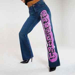 2024 New Personalized Street Letter Print Mid Waist Casual Straight Leg Jeans