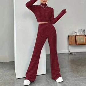Running Sets Women Knitted Suit Women's Winter Knitwear Set Turtleneck Cropped Top Flared Pants Elegant Solid Pullover With High For Ladies