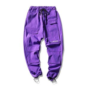 Calça moda masculina calça de carga de rua masculino calças de hipp roggers bolsos homens roxos mulheres calças de moletom coreana