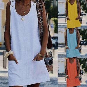 Casual Dresses Women Summer Print Striped Sleeveless Pocket Dress Beach Solid Color Mini Button Sundress Pullover Top