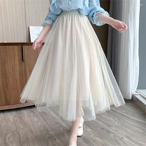Skirts Female Korean Fashion Spring Summer Vintage Tulle Skirt Women Elastic High Waist Mesh Long Pleated Tutu