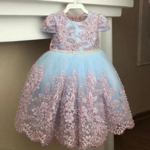 Baby Girls Lovely Dresses for Wedding Pink Lace Appliques Pearls Flower Girl Gowns Short Sleeve with Crystal Belt Toddler Prom Dress