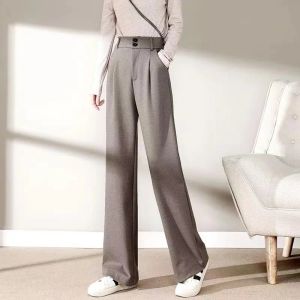 bottoms Winter Women Woolen Pants Casual Solid Wool Woman Wide Leg Pants OL Style High Waist Female Straight Long Trousers Plus Size