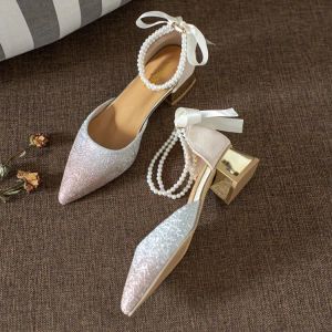 Boots 2022 New Comfortable Summer Spring Ladies Sandals Beaded Ankle Strap Casual Shoes Pointed Toe Mid Heel Women's Pearls