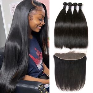 Menschliches Haarbündel mit 13x4 frontaler Brasilianer gerader Bündel mit frontalem menschlichem Haar weben 3 Bündel Remy Hair 240407