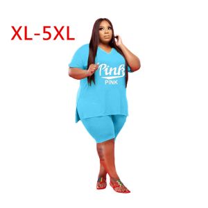 Sets 2021 Plus Size Women Zwei 2 -teilige Outfits Set Pink Short Sleeve T -Shirt und Knielänge Shorts Matching Set Active Tracksuit 5xl