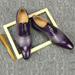 Klänningskor Pure läder Mens Purple Woven Pattern Printing Oxford Brogue Office Wedding Zapato Formal Para Hombres