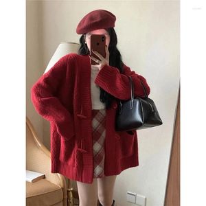 Maglieria da donna Retro Donna 2024 Autunno Inverno Coreano Scollo a V Cardigan Allentato Senso del Design Temperamento Colore rosso Maglione Maglieria Cappotto