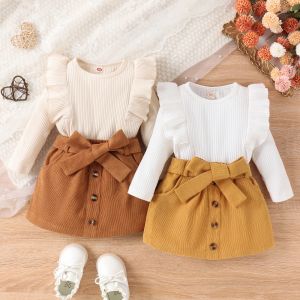 Abiti per bambini Neonate Autunno Inverno Gonne Completi per bambini Manica lunga Volant a costine Pullover Gonna con bottoni solidi Set di abbigliamento