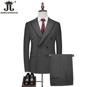 Suits High End marka erkekler moda düz renkli erkekler sıradan iş takım elbise iki parçalı damat gelinlik çift göğüslü takım elbise