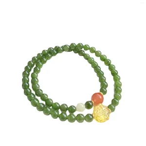 Strand Natural Hetian Jade Green Double Ring Bracelet Female Chinese Retro Style Southern Red Agate Beeswax Flower