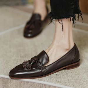 Buty retro frędzle bownot małe skórzane buty kobiety 2022 mokasy kwadratowe palec niska obcasy Oxfords Woman ins oryginalne skórzane fringe mieszkania