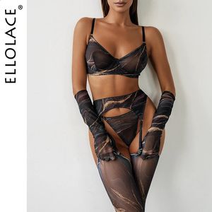 Ellolace Erotic Senual Lingerie Tie Dye Spets Underwear With Stocking Long Gloves See Through Bilizna Outfits Fancy Sensual Set 240307