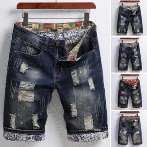 Running Shorts Men Denim Men's Retro z rozerwanymi otworami Patch Projekt prostej nogi Pockets na lato