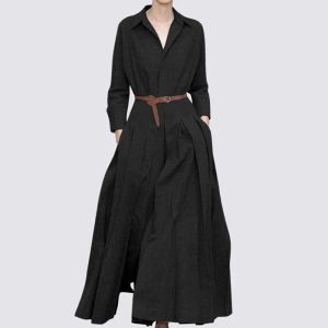 Dresses L5XL 2022 New Solid Color Dress Lapel Casual Spring Autumn Autumn Beltless Loose Plus Size Linen Dress Coa Party Dresses