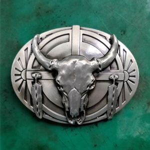 1 PCS Silver Bull Head Feather Western Cowboy Belt Buckle Fit 4cm Wide Beal Belts Head Hebillas Cinturon2625