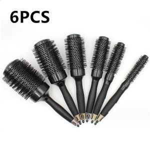 6st/Set Black Boar Bristles Round Hair Comb Professional Frisör Hårborste Antistatisk frisörsalongstylingverktyg 240314