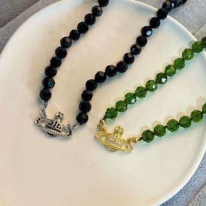 Luxury Viviannes Westwoods Necklace Same Medieval Clavicle Chain Female Green Crystal Glass Beads Western Empress Dowager Saturn Necklace
