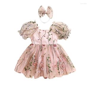 Flicka klänningar baby tyll romper klänning kort ärm blommor broderi mesh tutu prinsessan fluffig födelsedag