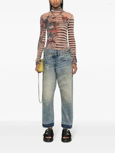 Kvinnors jeans 2024 Trender Cotton 3D Print Casual High midjebyxor Y2K Kläder Kvalitet Bred benbyxor Bra