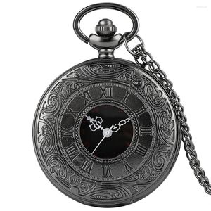 Pocket Watches Vintage Roman Numerals Black Necklace Watch Quartz Movement White Pointers Display Pendant Clock Gift Men Women