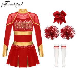 Kinder Mädchen Cheerleading Kostüm Cheerleader Schulmädchen Uniform Metallic Langarm Kleid Hand Blumen Socken Team Dance Outfits 240305