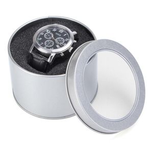 Lägsta silver Round Metal Jewelry Watch Present Box Display Case With Cushion 3 54x2 36 Watch Organizer Box Holder Glitte3017