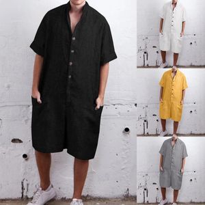 Men's Jeans Spring And Summer Top Jumpsuit Solid Color Stand Collar Short Sleeves Single Breasted Shorts