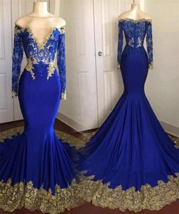 2024 New Royal Blue Long Sleeve Long Mermaid Dresses Off the Counter Lace Severiques Court Train Pros Downs Vestidos de Fiesta 2018