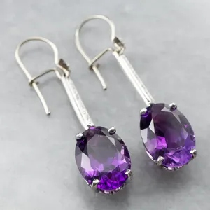 Dangle Earrings Vintage Silver Color Metal Ethnic Inlaid Purple Zircon Oval Stone Drop For Women Jewelry