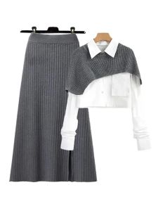 Two Piece Dress Spring Autumn Large Size Women's Shawl Shirt Three piece Set High Waist Knitting Half body Skirt Set Women Fashion